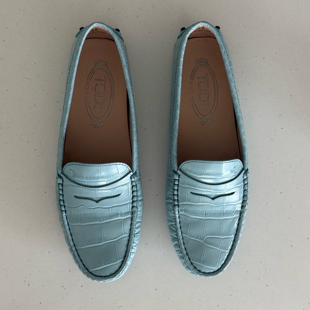 Tod's crocodile Light Blue Embossed Loafers